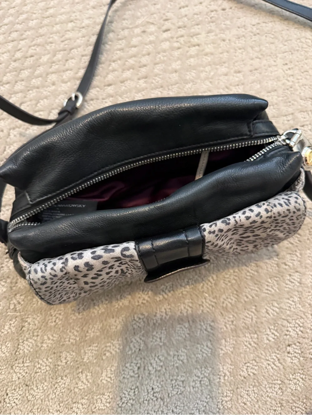 B. Makowsky Black Leather Crossbody Bag with Gray Leopard Print